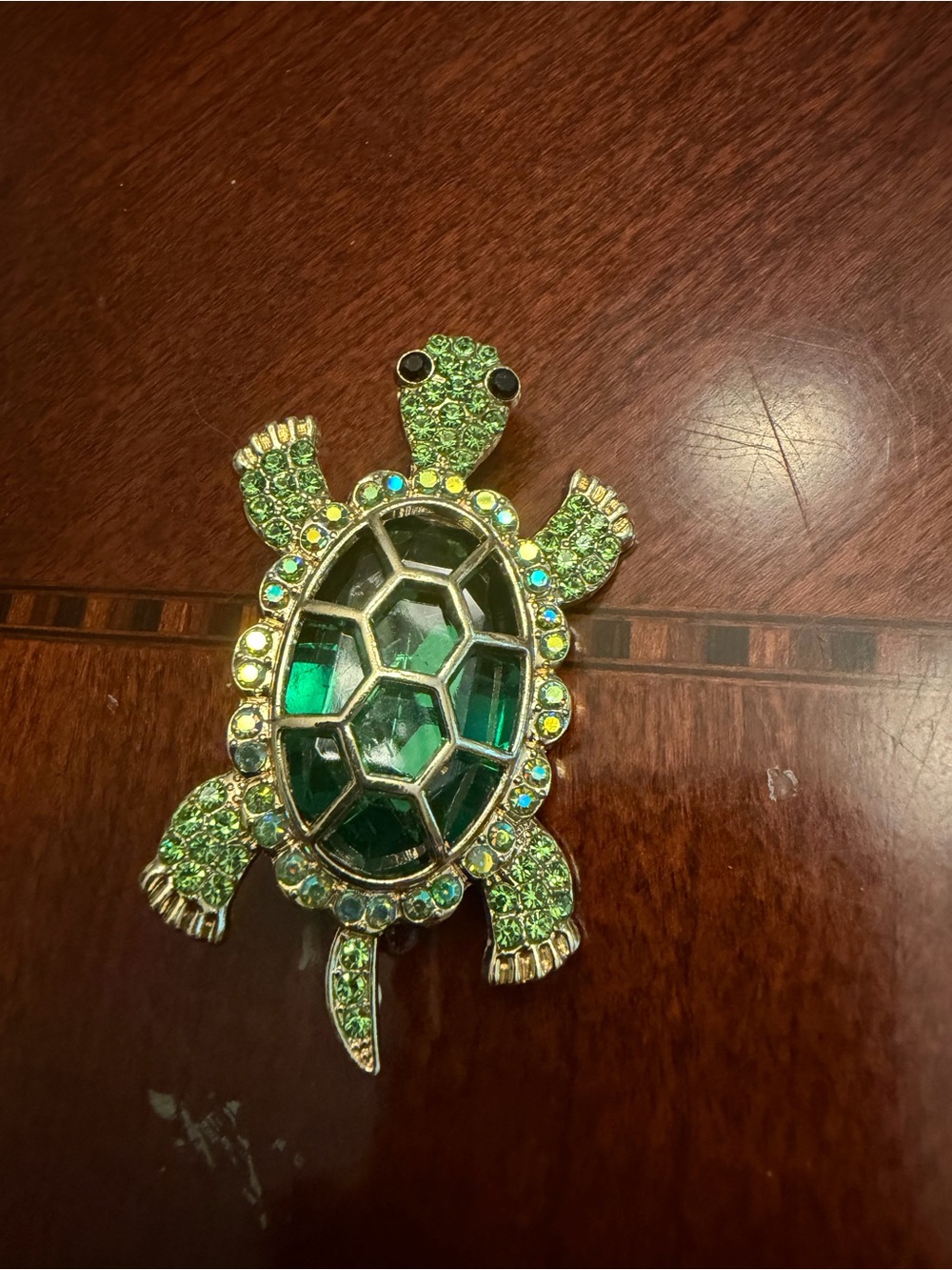 Green Turtle Rhinestone Brooch - Gold Tone